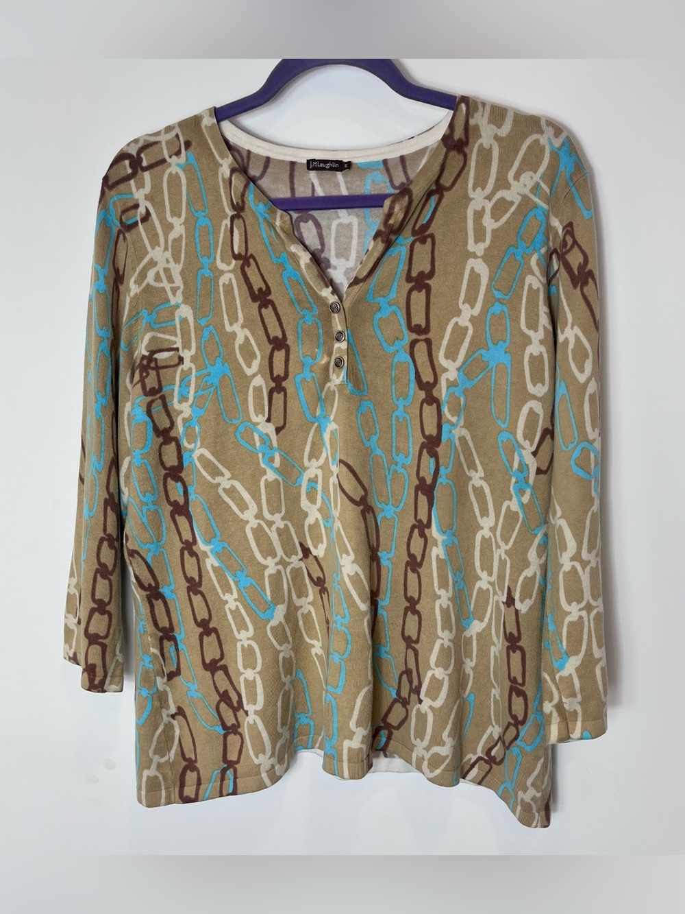 J.‎ McLaughlin Chain-Print Henley Sweater Top Cotton Blend XL